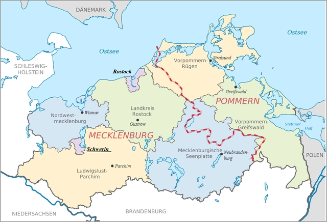 Karte mit Lage der Landkreise und Kreisstädte in Mecklenburg-Vorpommern nach der Kreisgebietsreform 2011